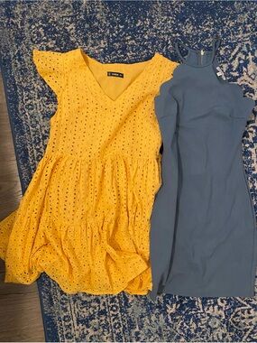 Charlotte Russe Blue Scalloped Dress and Shein Yellow Eyelet V-Neck Dress